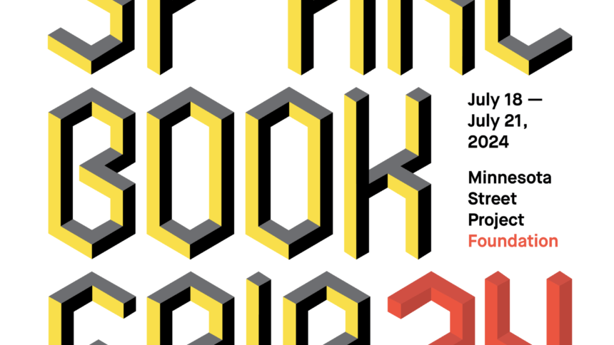 a flyer with bold typography. yellow and gray letters spell "SF ART BOOK FAIR" and red numbers read "@$". smaller text is information repeated from the event listing.